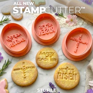 May include: Pink stamp cutters with Easter-themed text and cross designs, alongside baked cookies with the same imprints. The image also features a rolling pin, cookies, and text that reads "STAMPCUTTER™".