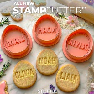 May include: Peach-colored stamp cutters with the names "MALJ", "HAOW", and "AMIJO" are displayed next to cookies with the names "OLIVIA", "NOAH", and "LIAM". The image also shows a rolling pin and text that reads "STAMPCUTTER™".