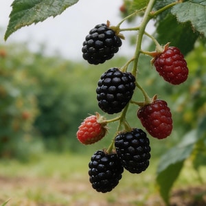 May include: Close-up of a blackberry branch with both ripe and unripe berries. The ripe blackberries are a deep, shiny black, while the unripe ones are a vibrant red. Green leaves and a blurred green background complete the image.
