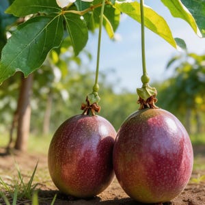 May include: Two ripe passion fruits hang from a vine, showcasing a deep purple hue with subtle green and yellow accents. The fruits are round and smooth, with a slight sheen, set against a backdrop of green leaves and a sunny sky. The image captures the fruits in their natural environment.