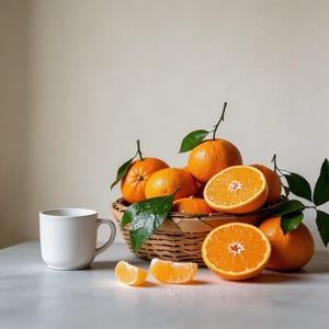 May include: A still life featuring a woven basket overflowing with bright orange tangerines, some halved to reveal the juicy segments. Green leaves and stems add a natural touch. A white mug sits beside the basket on a light-colored surface.