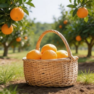 May include: A woven wicker basket filled with ripe oranges sits on the ground in an orchard. The oranges are bright orange and round, with a few hanging from the trees in the background. The basket has a curved handle.