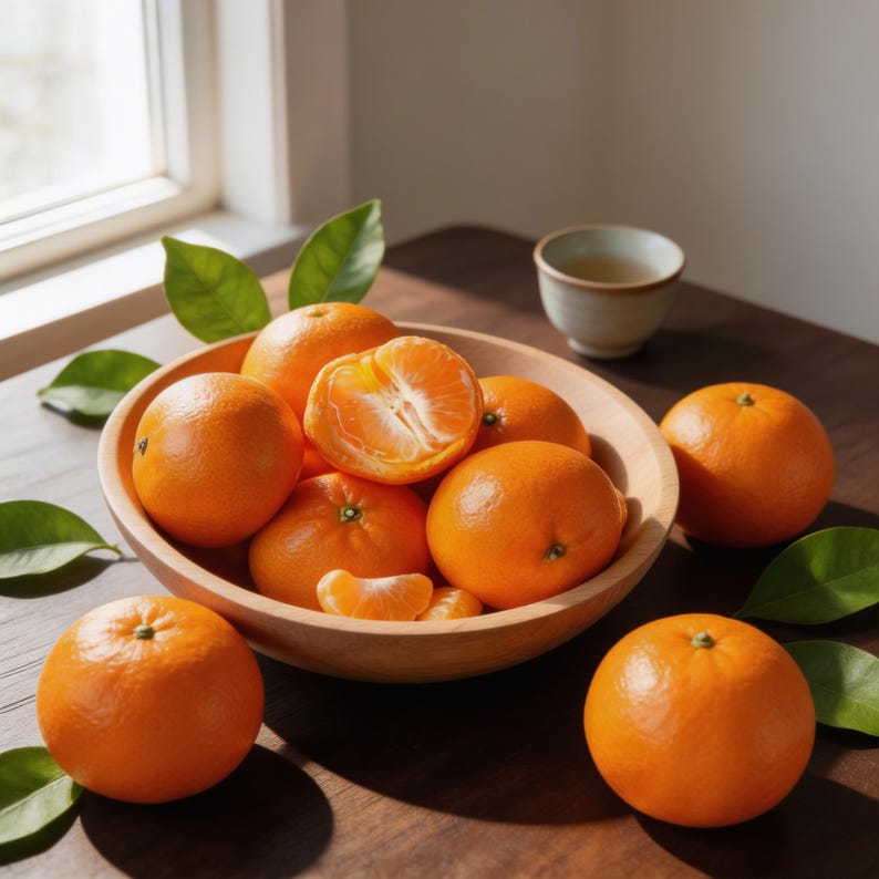 May include: A wooden bowl filled with bright orange tangerines, some whole and some peeled, sits on a wooden table. Green leaves and a small ceramic cup are scattered around the bowl, creating a natural, fresh aesthetic.