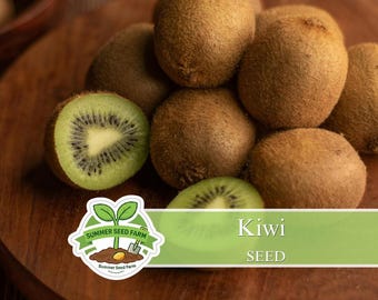 May include: A close-up of several kiwis, some whole and some sliced, revealing the green flesh and black seeds. The kiwis are on a wooden surface. The image includes a logo that says "Summer Seed Farm" and the words "Kiwi Seed".