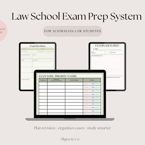 May include: A digital law school exam prep system for Australian law students. The image shows a laptop and two tablets displaying exam revision and preparation templates. Text includes "Exam Season Essential" and "Plan revision | organises cases | study smarter."