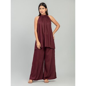 Wine Burgundy Halter Neck Rayon Co-ord Set, Wide Leg Pants Evening Wear