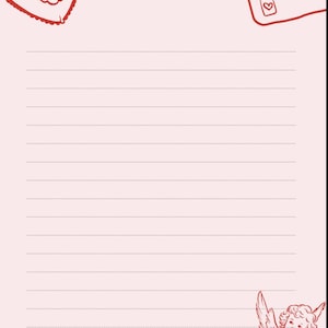 May include: A pink notepad with a red heart-shaped design that says "love you" and a red envelope with a heart. The word "NOTEPAD" is written in red. A red cherub is in the bottom right corner. The notepad has lined pages.