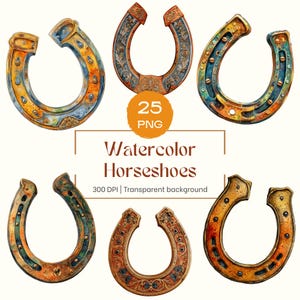 May include: Watercolor illustrations of six horseshoes in various designs and colors, including gold, blue, and rust. The image includes the text "Watercolor Horseshoes" and "25 PNG". The horseshoes have decorative patterns and are set against a white background.