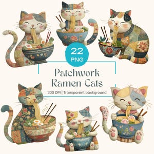 Pacote de imagens PNG de gato comendo ramen em patchwork, gatinho kawaii em patchwork PNG, gatos vintage em patchwork, ilustração de gato comendo macarrão japonês, uso comercial.