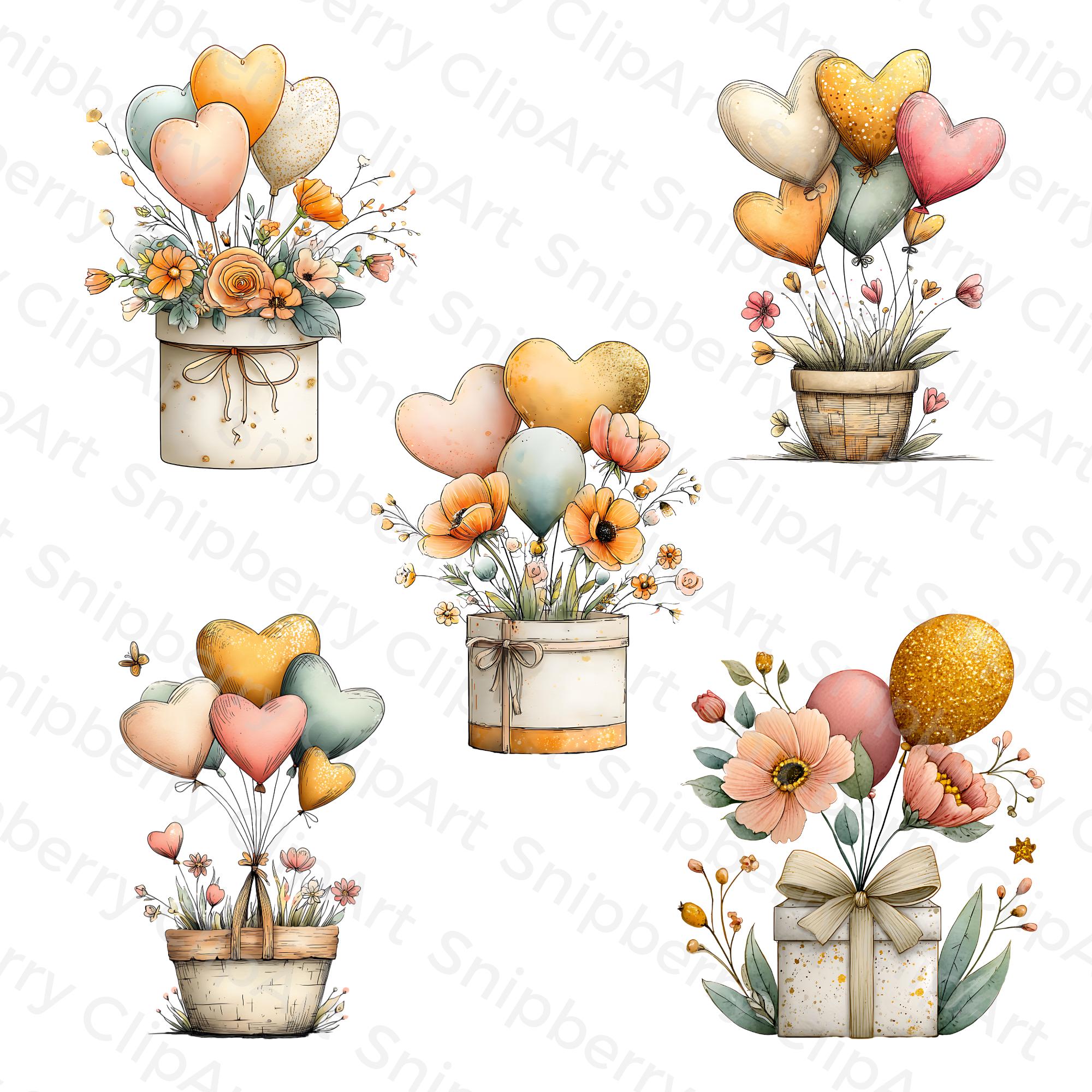 Birthday Balloon Clipart PNG Bundle, Watercolor Heart Balloons, Floral ...