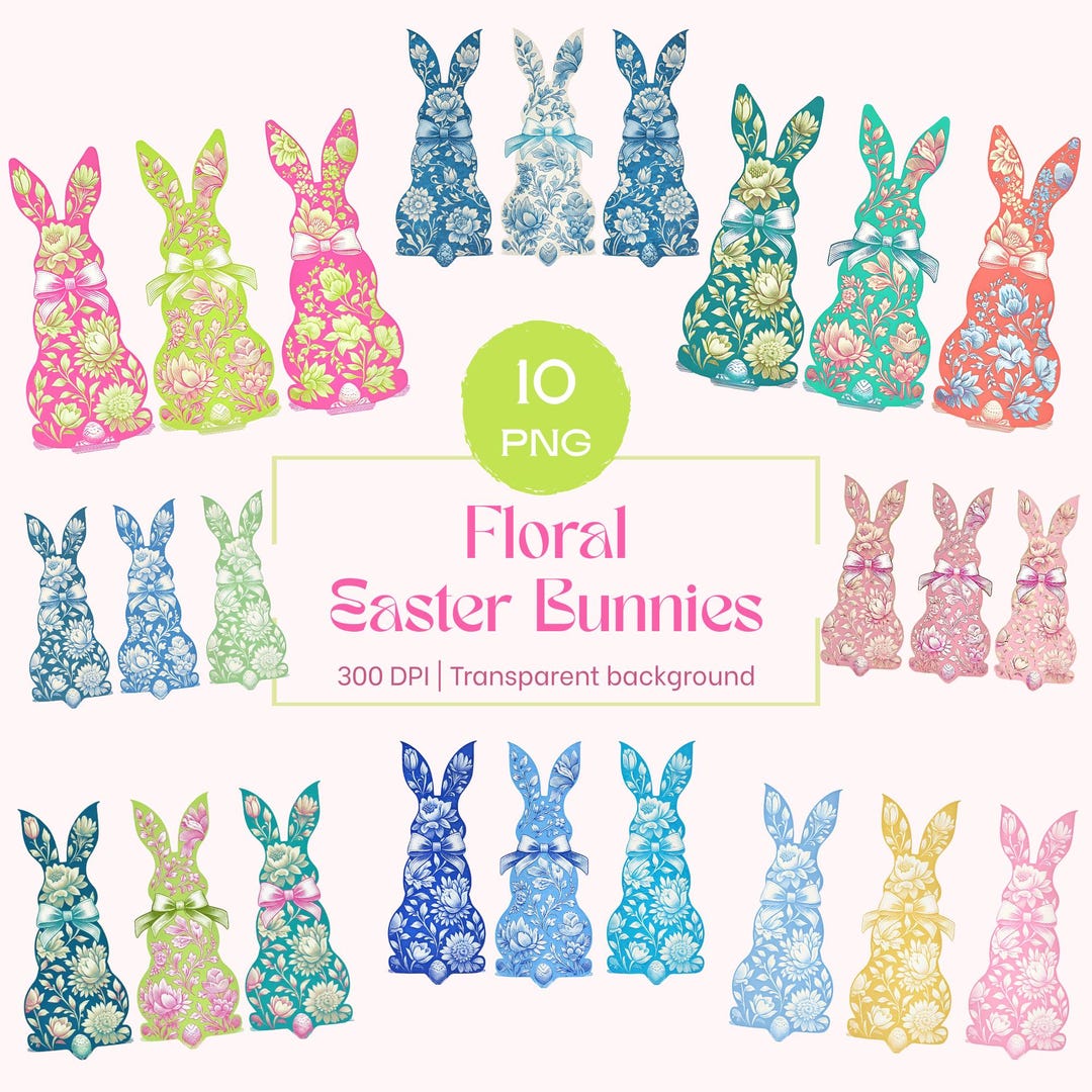 Easter Bunny PNG Clipart Bundle, Floral Bunny With Bow PNG, Vintage ...