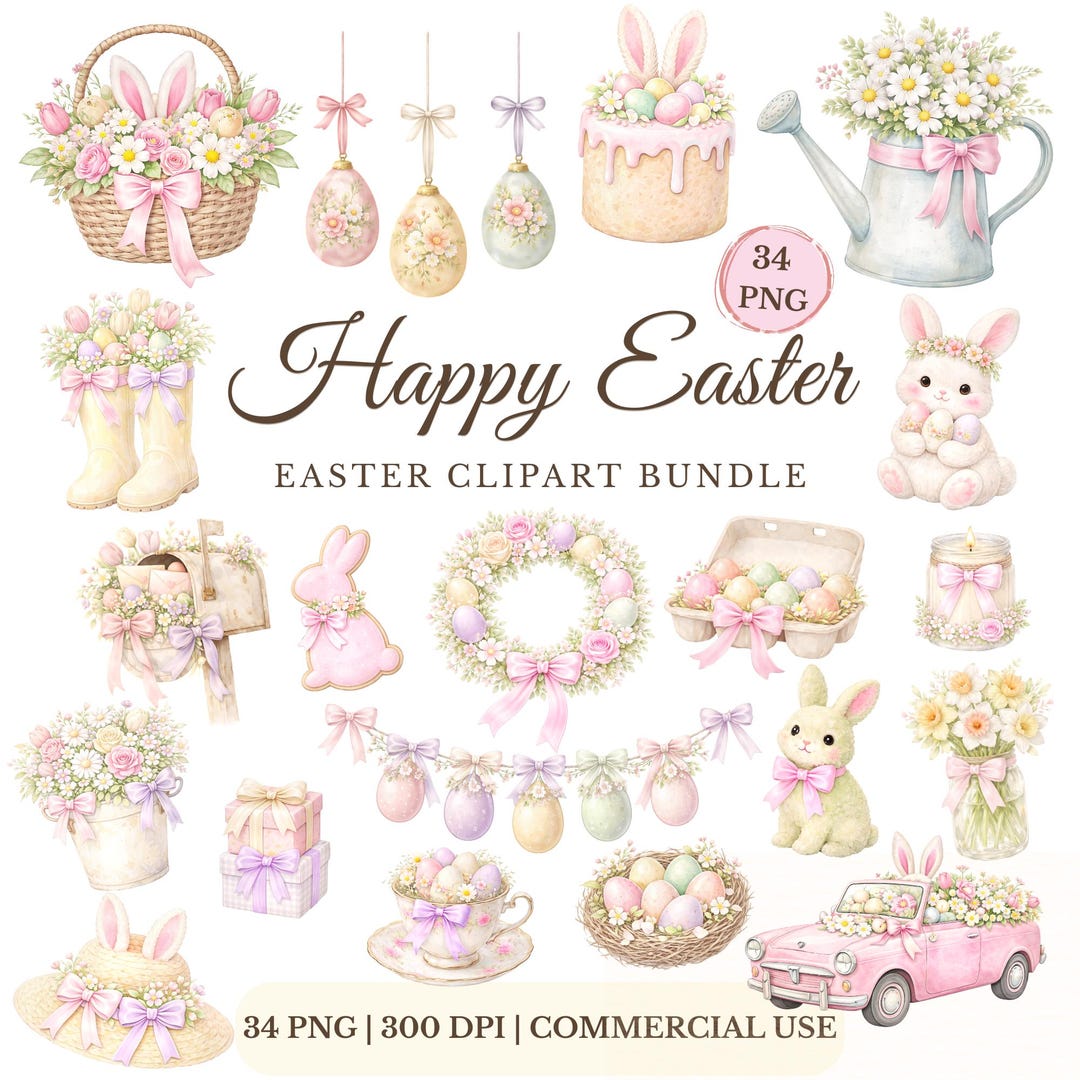 Easter Watercolor Clipart Bundle, Cottagecore Pastel Bunny Eggs Flowers ...