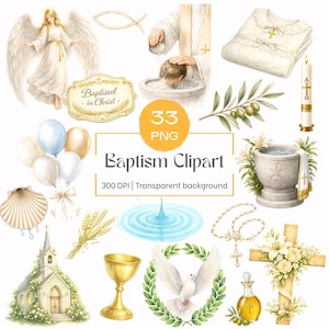 Può includere: Una collezione di 33 illustrazioni digitali a tema battesimo che include un angelo, un fonte battesimale, una veste bianca, una colomba, una croce, un rosario, una chiesa, palloncini, una conchiglia, grano, un ramo d'ulivo e un calice.