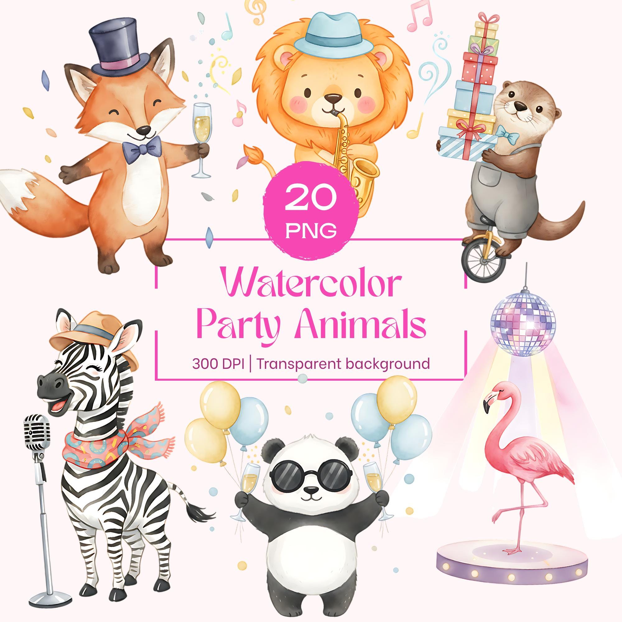 Watercolor Party Animals Clipart Bundle, Cute Animal Birthday PNG ...