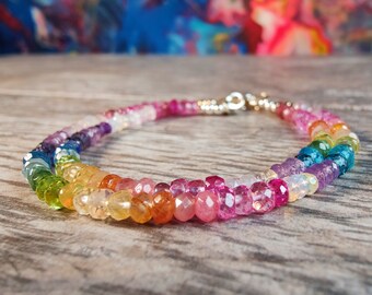 Dainty Rainbow Gemstone 14k Gold Bracelet: Sapphire, Opal, Peridot