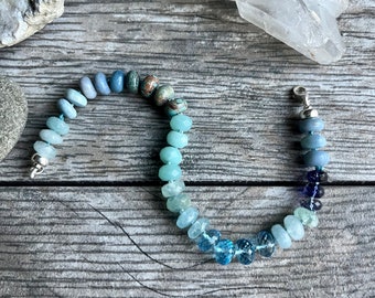 Ocean Blues gemstone bracelet or necklace extender - 8mm gemstones, hand knotted on blue silk. Sterling findings. Handmade.
