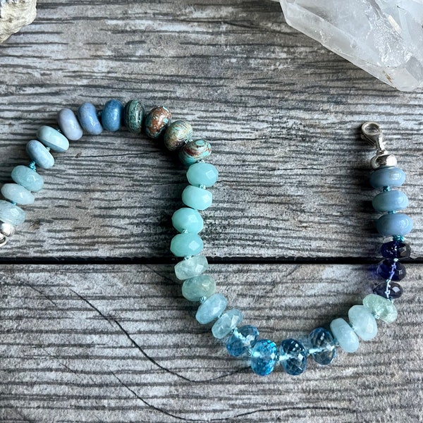 Ocean Blues gemstone bracelet or necklace extender - 8mm gemstones, hand knotted on blue silk. Sterling findings. Handmade.