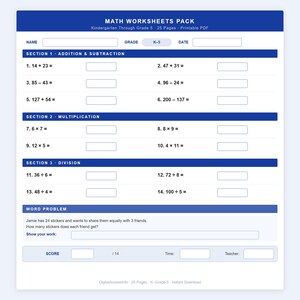 May include: A printable PDF math worksheet pack for kindergarten through grade 5. The blue and white worksheet includes addition, subtraction, multiplication, and division problems, along with a word problem. The worksheet has space for the student's name, grade, and date.