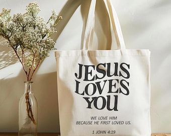 Borsa tote "Gesù ti ama", borsa tote in tela con scritta "Fede cristiana", borsa con versetto biblico ispiratore, borsa tote religiosa per tutti i giorni, regalo perfetto.