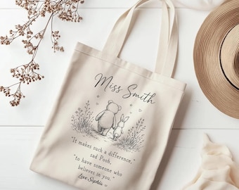 Borsa tote personalizzata per insegnanti, regalo di ringraziamento ispirato a Winnie the Pooh, borsa per libri scolastici con nome personalizzato, regalo di ringraziamento per insegnanti