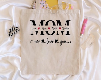 Borsa tote personalizzata per la mamma, regalo per la festa della mamma, borsa tote personalizzata con i nomi dei bambini, borsa "Ti vogliamo bene mamma", borsa tote in tela per la famiglia