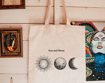 Double Sided Moon Phase Tote Bag, Celestial Star Canvas Tote, Witchy Aesthetic Shopping Bag, Cosmic Everyday Tote