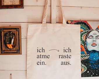 Borsa tote con citazione divertente in tedesco, borsa tote in tela con scritta "I Breathe In I Freak Out", borsa shopper minimalista in cotone, regalo spiritoso