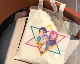 Borsa tote Kpop Demon Hunters, borsa tote in tela con ragazza anime, borsa shopper ispirata al Kpop, regalo carino per i fan dei concerti, borsa tote per tutti i giorni
