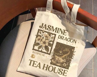 Borsa tote con motivo a casa da tè, accogliente borsa tote in tela con estetica asiatica da tè, borsa da mercato in stile cottagecore, graziosa borsa tote per tutti i giorni