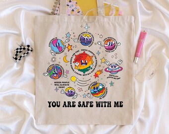 Borsa tote "You Are Safe With Me", borsa tote in tela con stampa floreale Pride, borsa per la spesa inclusiva LGBTQ+, regalo per l'uguaglianza, borsa tote ecologica