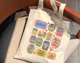 Vintage Sardine Tote Bag, Retro Tin Fish Canvas Tote, Mediterranean Coastal Aesthetic Bag, Foodie Market Everyday Tote