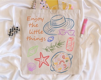 Borsa tote estiva, borsa tote in tela "Goditi le piccole cose", borsa da mercato costiera italiana, borsa tote da spiaggia Tomato Girl Dolce Vita