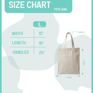 K&ouml;nnte beinhalten: Beige Tragetasche mit Gr&ouml;&szlig;entabelle. Die Tabelle zeigt, dass die Tasche Gr&ouml;&szlig;e L hat, mit einer Breite von 38 cm, einer L&auml;nge von 41 cm und Henkeln von 51 cm. Der Text "SIZE CHART" und "TOTE BAG" sind angezeigt.