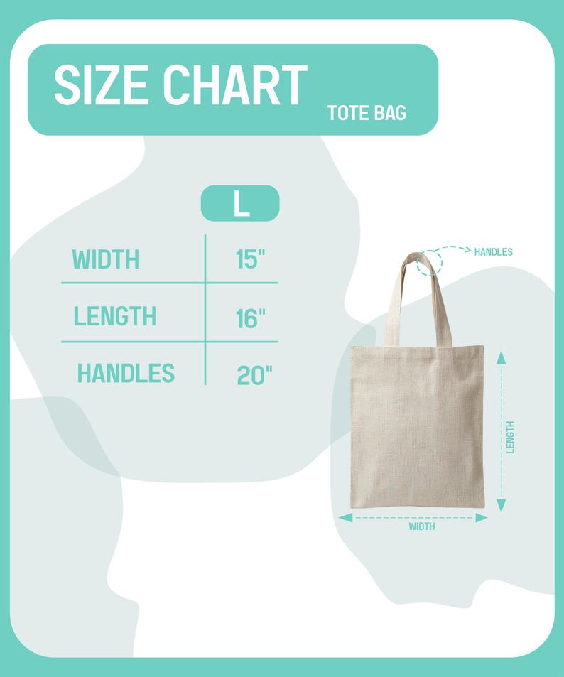 K&ouml;nnte beinhalten: Beige Tragetasche mit Gr&ouml;&szlig;entabelle. Die Tabelle zeigt, dass die Tasche Gr&ouml;&szlig;e L hat, mit einer Breite von 38 cm, einer L&auml;nge von 41 cm und Henkeln von 51 cm. Der Text "SIZE CHART" und "TOTE BAG" sind angezeigt.