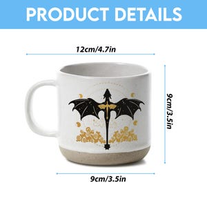 May include: White ceramic mug with a dragon design. The mug is 4.7 inches wide, 3.5 inches tall, and 3.5 inches in diameter. The dragon is black with gold accents. The mug has a light brown base and a white handle. The text "PRODUCT DETAILS" is at the top.