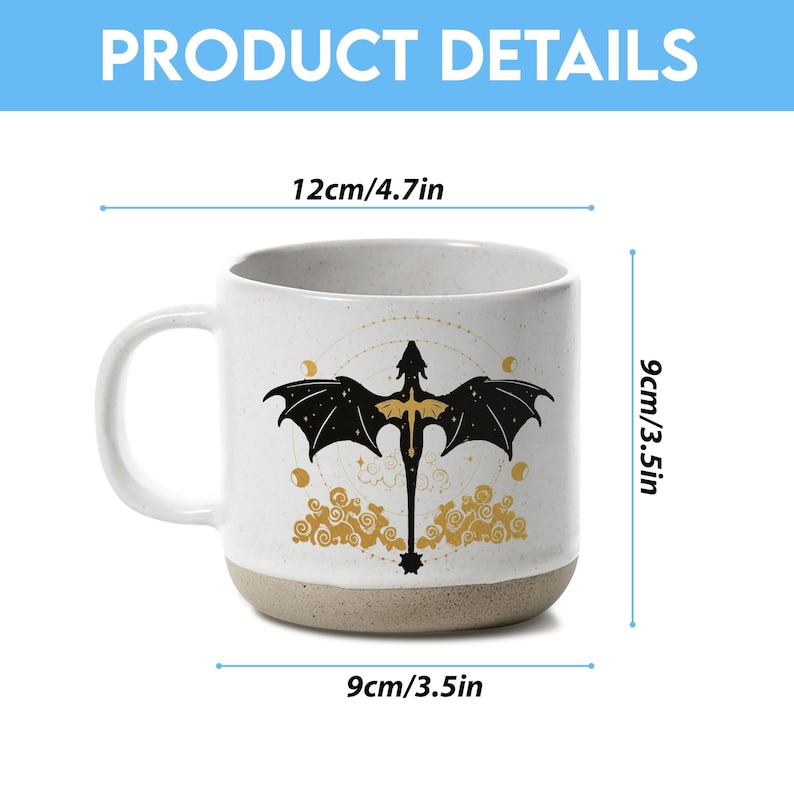 May include: White ceramic mug with a dragon design. The mug is 4.7 inches wide, 3.5 inches tall, and 3.5 inches in diameter. The dragon is black with gold accents. The mug has a light brown base and a white handle. The text "PRODUCT DETAILS" is at the top.