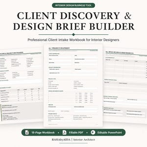 Puede incluir: Un libro de trabajo Client Discovery & Design Brief Builder para diseñadores de interiores. El documento muestra tres páginas con secciones tituladas Project Snapshot, Scope & Project Boundaries y Space-by-Space Requirements, incluyendo casillas y campos rellenables.
