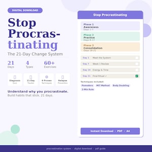 Op de afbeelding: Digitale download "Stop Procrastinating" met een 21-daags systeem. Het ontwerp gebruikt paars en wit, met details over fasen, oefeningen en technieken zoals de Pomodoro-methode. Inclusief PDF- en A4-downloadopties.