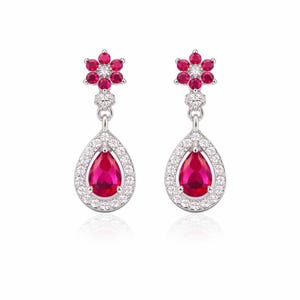 Pendientes colgantes en forma de lágrima color rojo rubí, pendientes colgantes con halo de circonitas cúbicas en plata de ley 925, pendientes de botón florales, elegante regalo de joyería de boda para ella.
