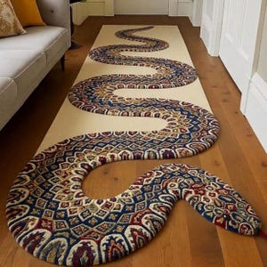 Puede incluir: Una alfombra rectangular larga que presenta un diseño de serpiente grande y sinuosa. La serpiente tiene un patrón detallado y repetitivo en tonos azul profundo, rojo oscuro y crema. La alfombra está colocada sobre un suelo de madera.