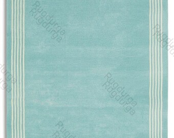 Teal Border Wool Rug | Handmade Area Rug | Living Room Carpet | Modern Minimal Scandinavian Decor| Nordic knots| custom size 8x10