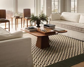 Kilim Handwoven Wool Geometric Area Rug, Scandinavian Flatweave,Nordic knots rug cream black ,checkered pattern Design 12x15