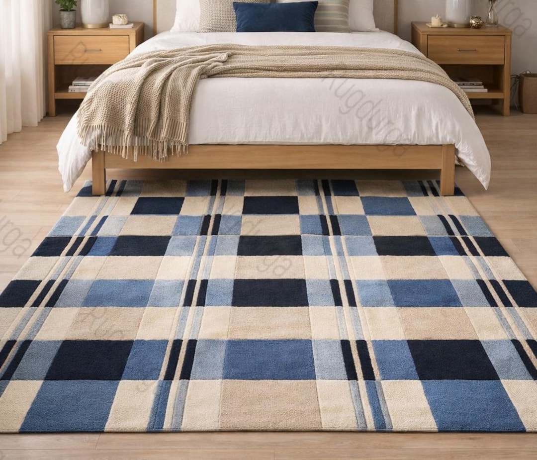 Blue Checked Rug Blue Checkered Area Rug 5x7 | Hand Tufted Wool Bedroom Rug | Modern ...