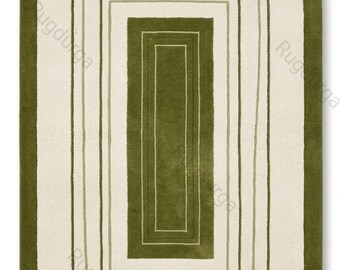 Green Border Wool Rug | Handmade Wool Carpet | Living Room Area Rug | Minimal Scandinavian Decor| Nordic knots  custom size 8x10