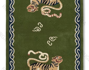 Green Tiger Wool Rug | Handmade Area Rug | Living Room Statement Carpet | Modern Artistic Decor Nordic knots 8x10