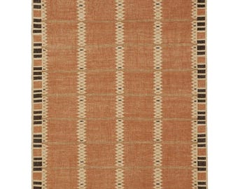 Scandinavian Handwoven Wool Geometric Area Rug - Terracotta Black Nordic Flatweave Custom Sizes 9x12 10x14