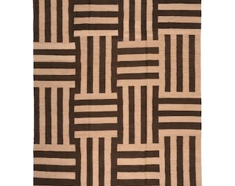 Kilim Handwoven Wool Geometric Area Rug, Scandinavian Flatweave,Nordic knots rug brown Beige ,checkered pattern Design 9x12 Custom size