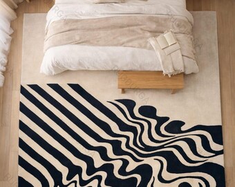 Modern Abstract Wool Rug, Black Cream Tufted Area Rug, Handmade melting rugs 5x5