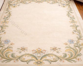 Hand-Tufted Wool Rug, 8x10 Classic Floral Border, Ivory Beige Carpet