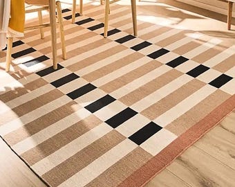 Kilim Handwoven Wool Geometric Area Rug, Scandinavian Flatweave,Nordic knots rug beige ,checkered pattern Design 12x15